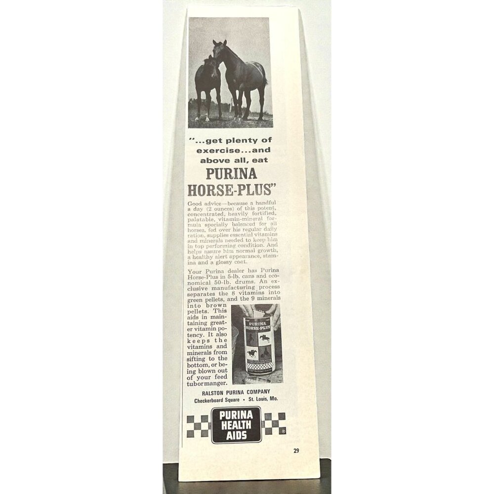 Ralston Purina Horse Plus Vintage Print Ad 1960s Animal Health Aids Vet Med
